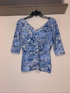 Manuel Canovas Blue Toile Print 3/4 Sleeve V Neck Top SZ US 8/10 EUC